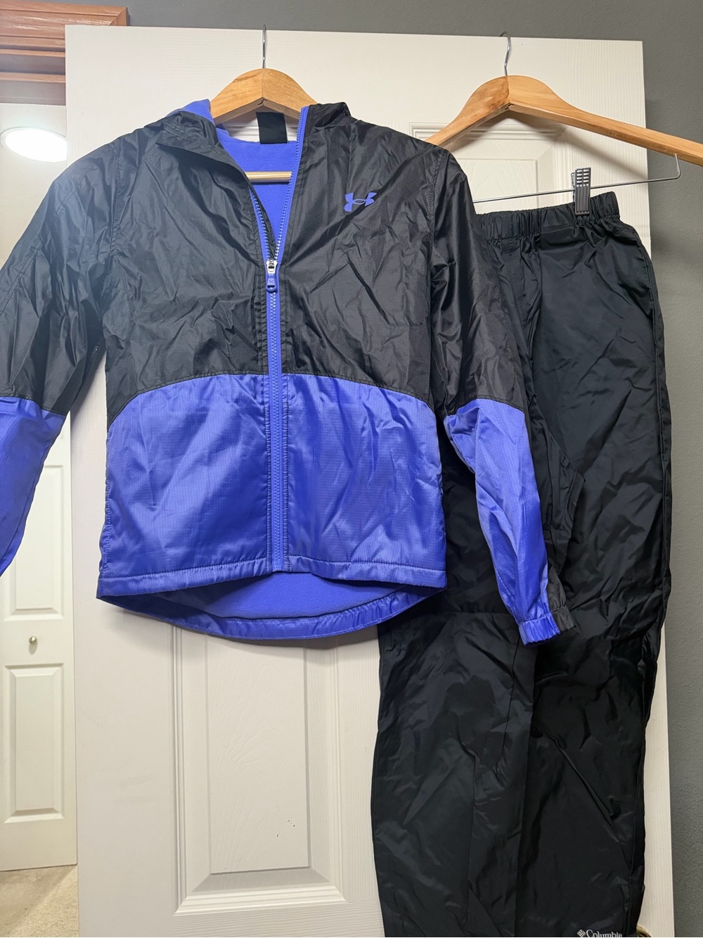 Under Armour Girls Black & Purple Windbreaker Jacket and Columbia rain pants